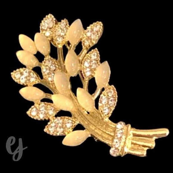 Golden Wheat Brooch with Crystals Feminine Nature Symbol - Picture 1 of 10